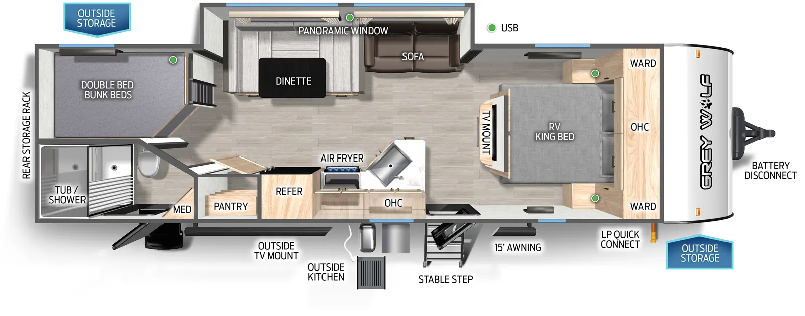 The Grey Wolf 26DBH floorplan has two entries and one slide out. Exterior features include: metal exterior, 15' awning and outside kitchen. Interiors features include: bunk beds, u-dinette and front bedroom.